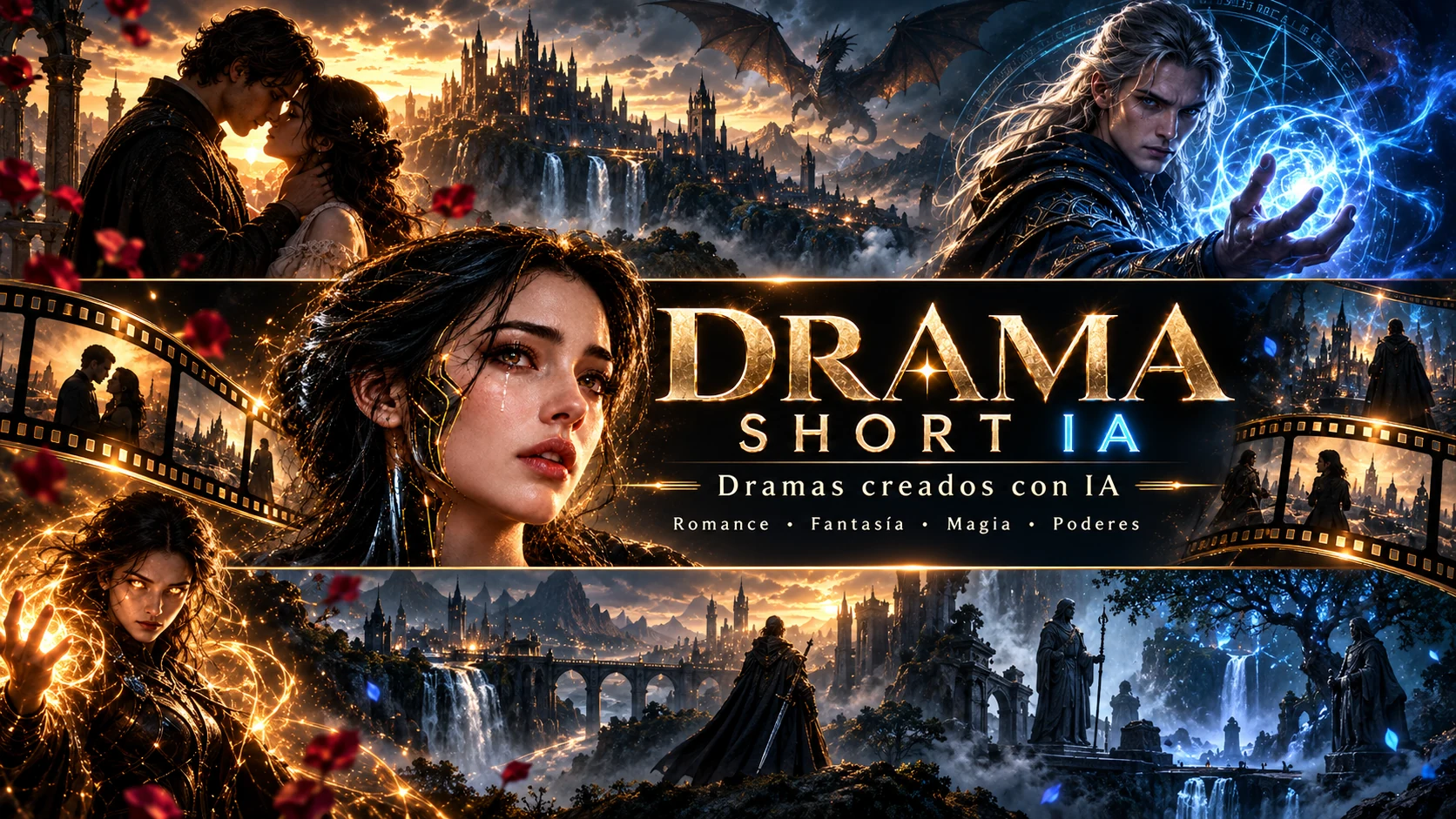 Arte de Drama Short IA con personajes de fantasía, romance, magia y escenarios cinematográficos